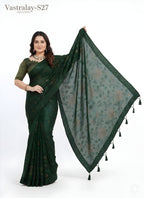 Elegant Dark Green Floral Printed Saree with Matching Blouse Piece