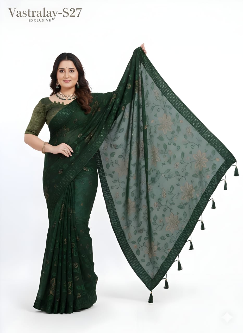 Elegant Dark Green Floral Printed Saree with Matching Blouse Piece