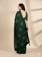 Elegant Dark Green Floral Printed Saree with Matching Blouse Piece