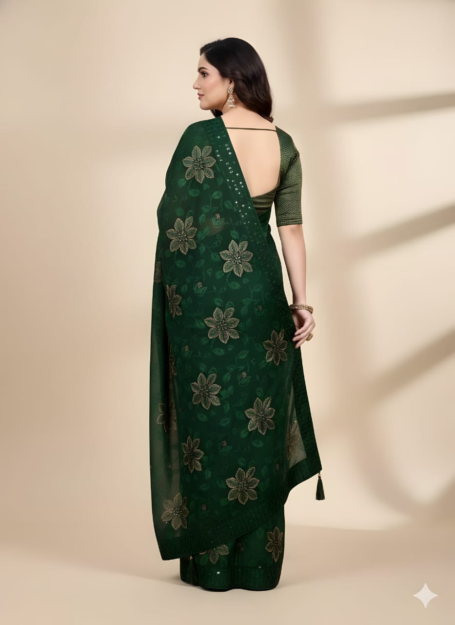 Elegant Dark Green Floral Printed Saree with Matching Blouse Piece