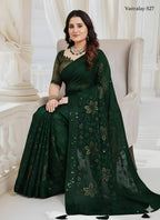 Elegant Dark Green Floral Printed Saree with Matching Blouse Piece