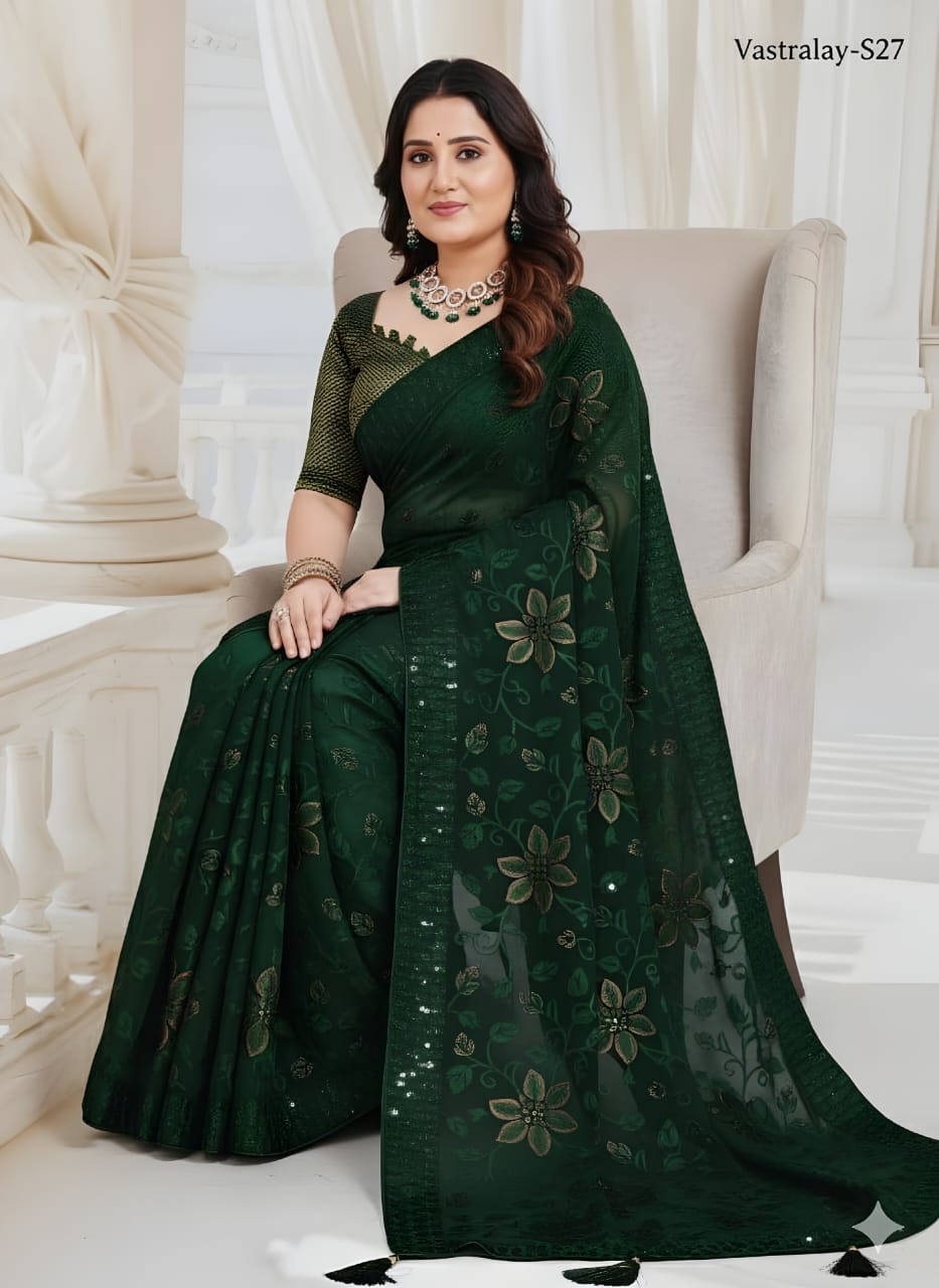 Elegant Dark Green Floral Printed Saree with Matching Blouse Piece