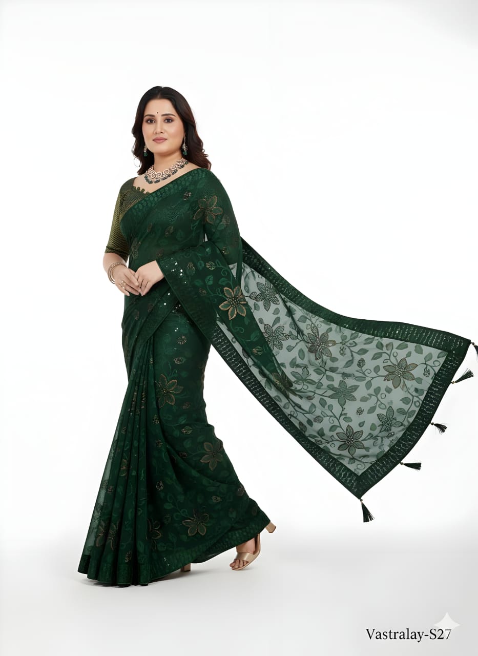 Elegant Dark Green Floral Printed Saree with Matching Blouse Piece