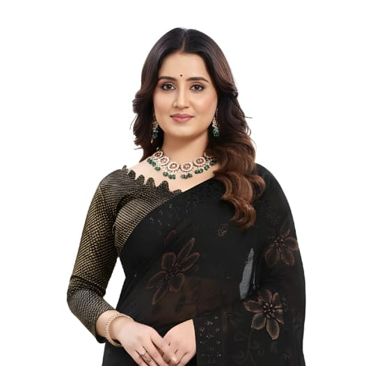 Vastralay Black Floral Printed Sheer Saree with Matching Blouse Piece