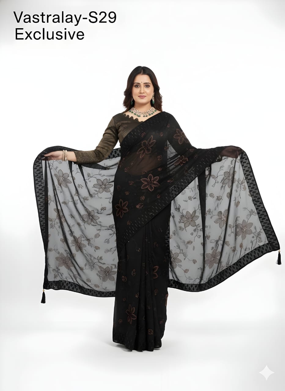 Vastralay Black Floral Printed Sheer Saree with Matching Blouse Piece