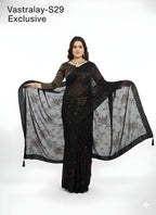 Vastralay Black Floral Printed Sheer Saree with Matching Blouse Piece