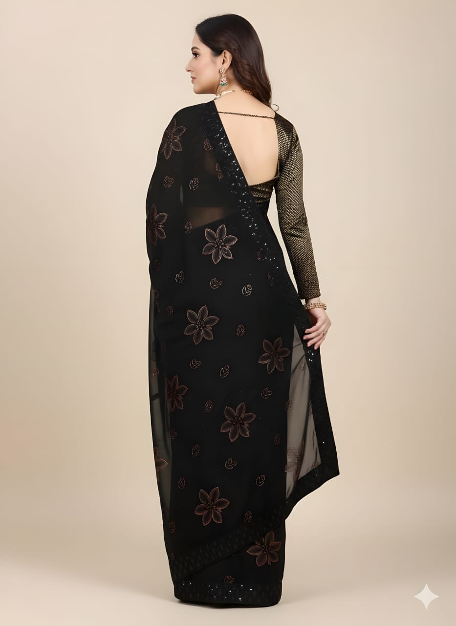 Vastralay Black Floral Printed Sheer Saree with Matching Blouse Piece