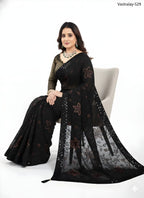Vastralay Black Floral Printed Sheer Saree with Matching Blouse Piece