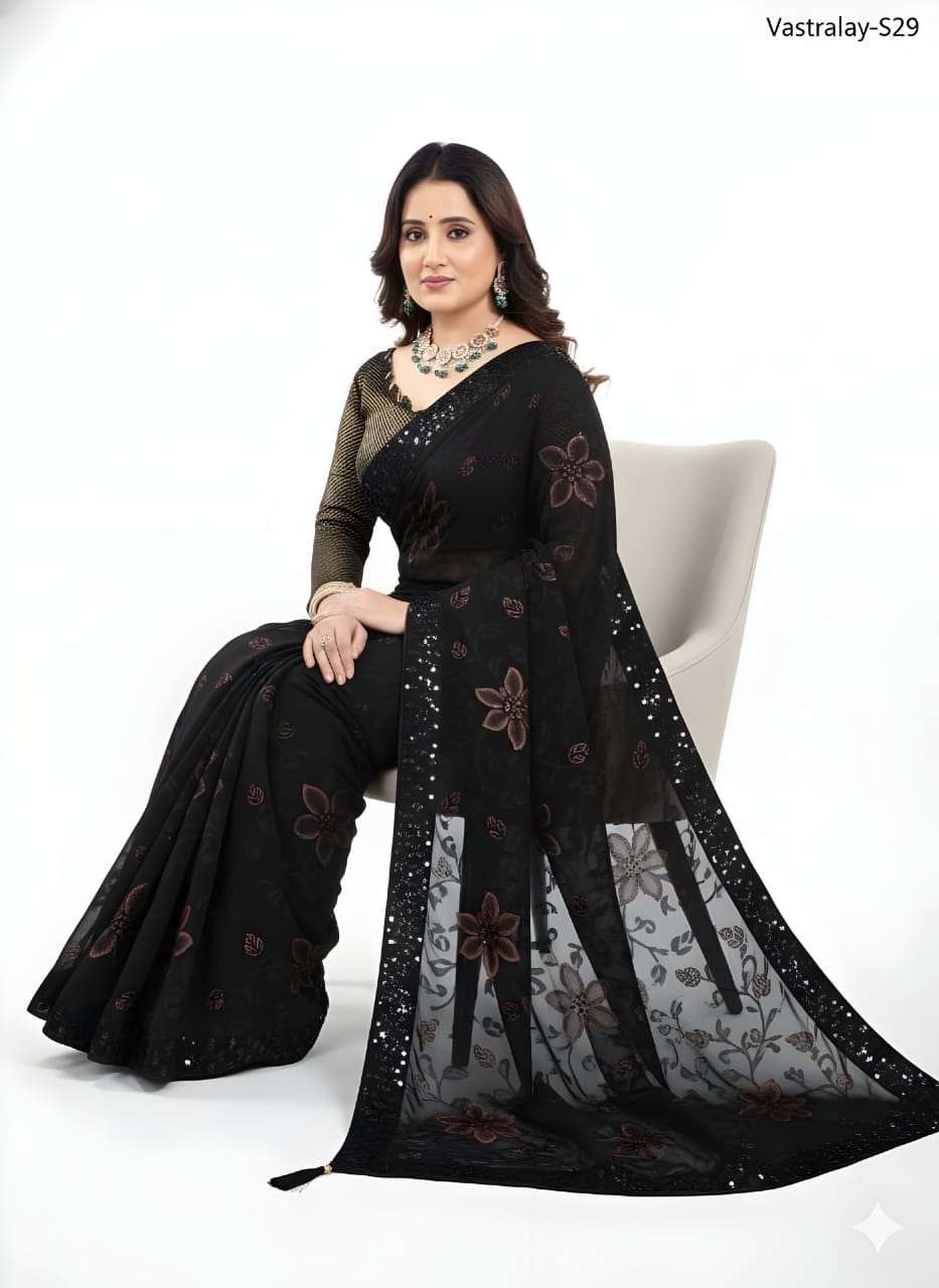 Vastralay Black Floral Printed Sheer Saree with Matching Blouse Piece