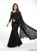 Vastralay Black Floral Printed Sheer Saree with Matching Blouse Piece