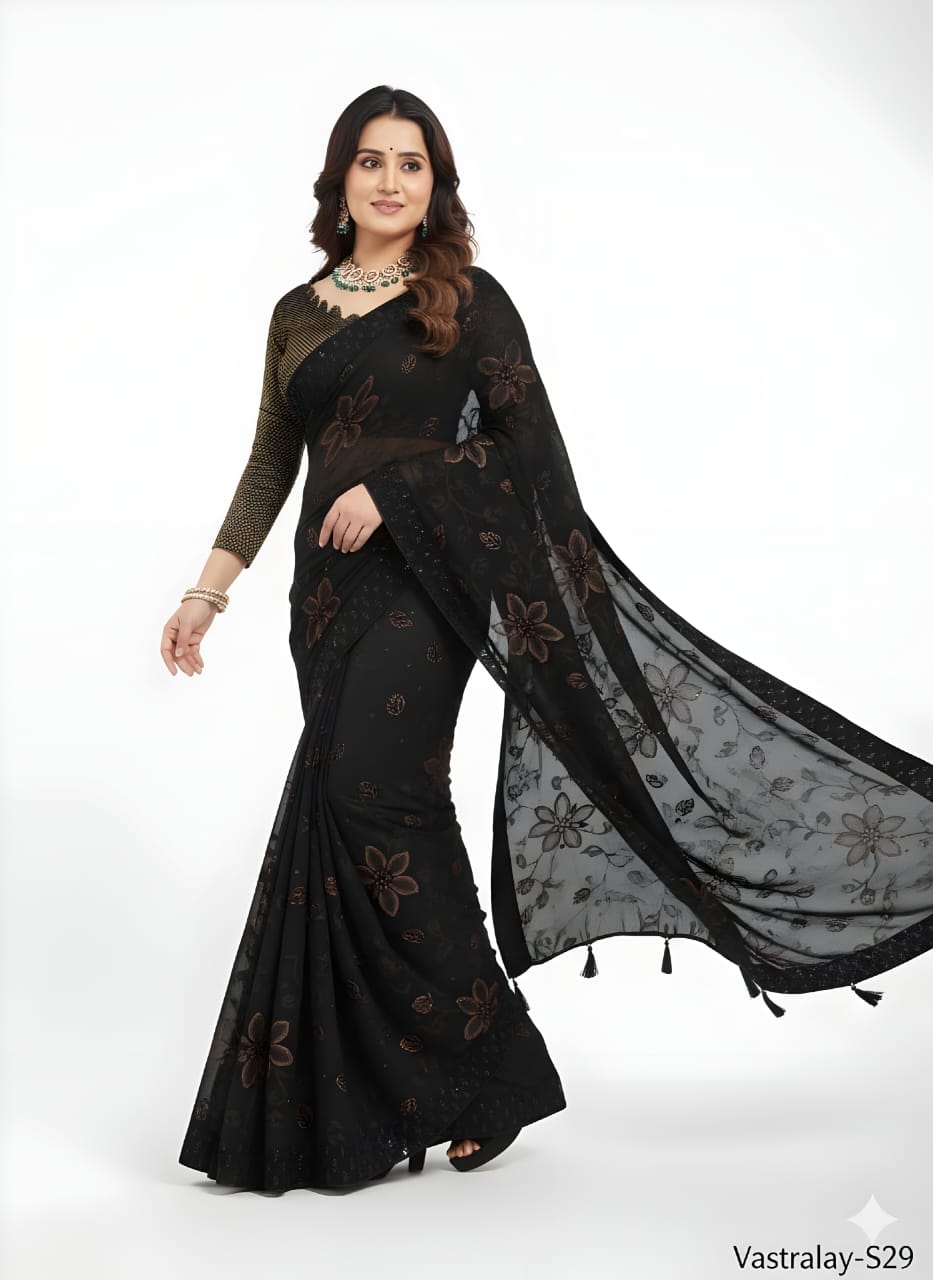 Vastralay Black Floral Printed Sheer Saree with Matching Blouse Piece