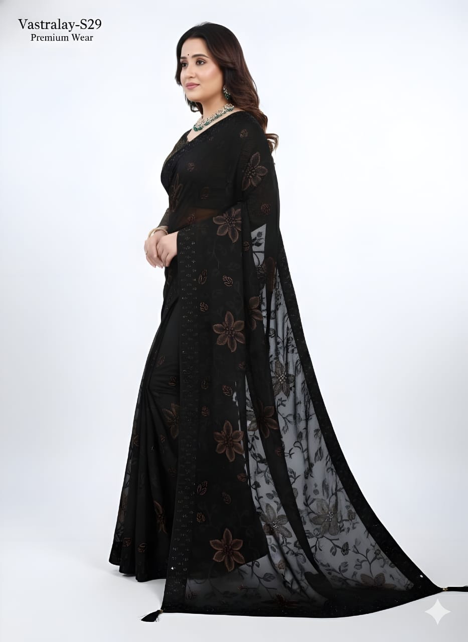 Vastralay Black Floral Printed Sheer Saree with Matching Blouse Piece
