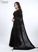 Vastralay Black Floral Printed Sheer Saree with Matching Blouse Piece