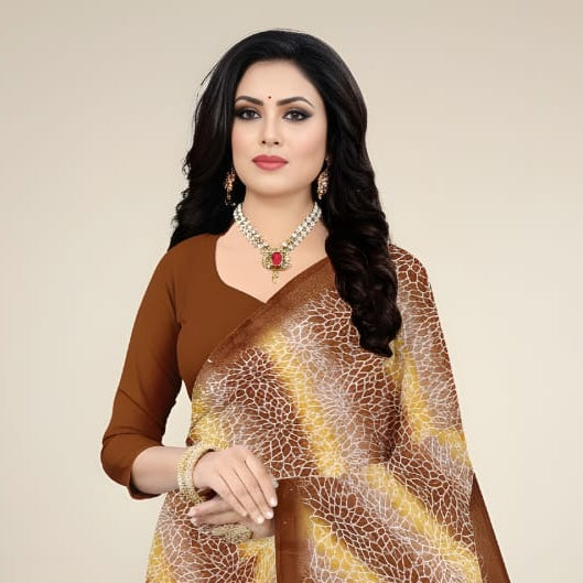 Vastralay Exclusive Brown & Mustard Printed Saree with Designer Pallu & Blouse Piece