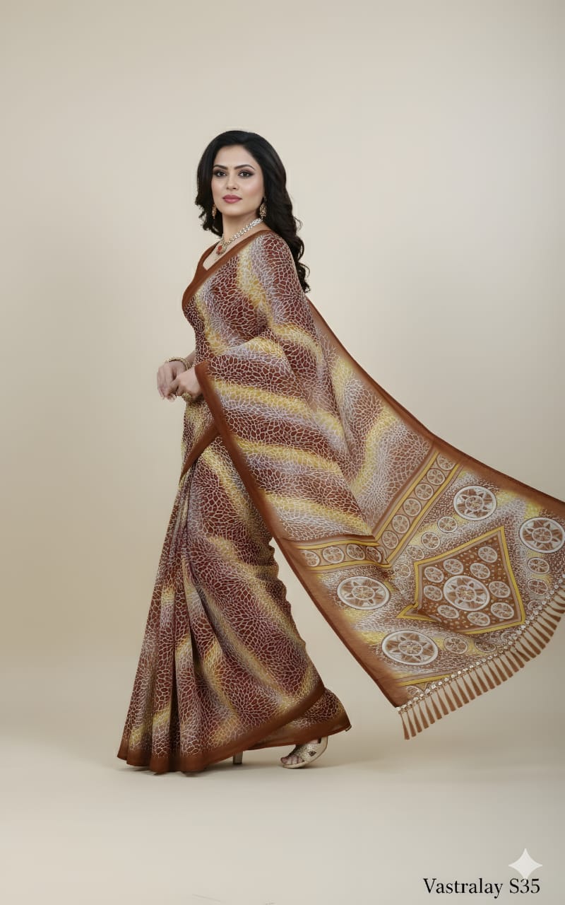 Vastralay Exclusive Brown & Mustard Printed Saree with Designer Pallu & Blouse Piece