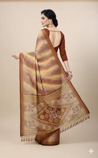 Vastralay Exclusive Brown & Mustard Printed Saree with Designer Pallu & Blouse Piece