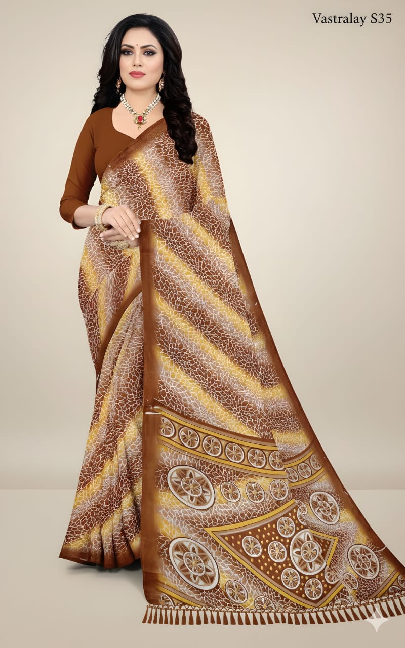 Vastralay Exclusive Brown & Mustard Printed Saree with Designer Pallu & Blouse Piece